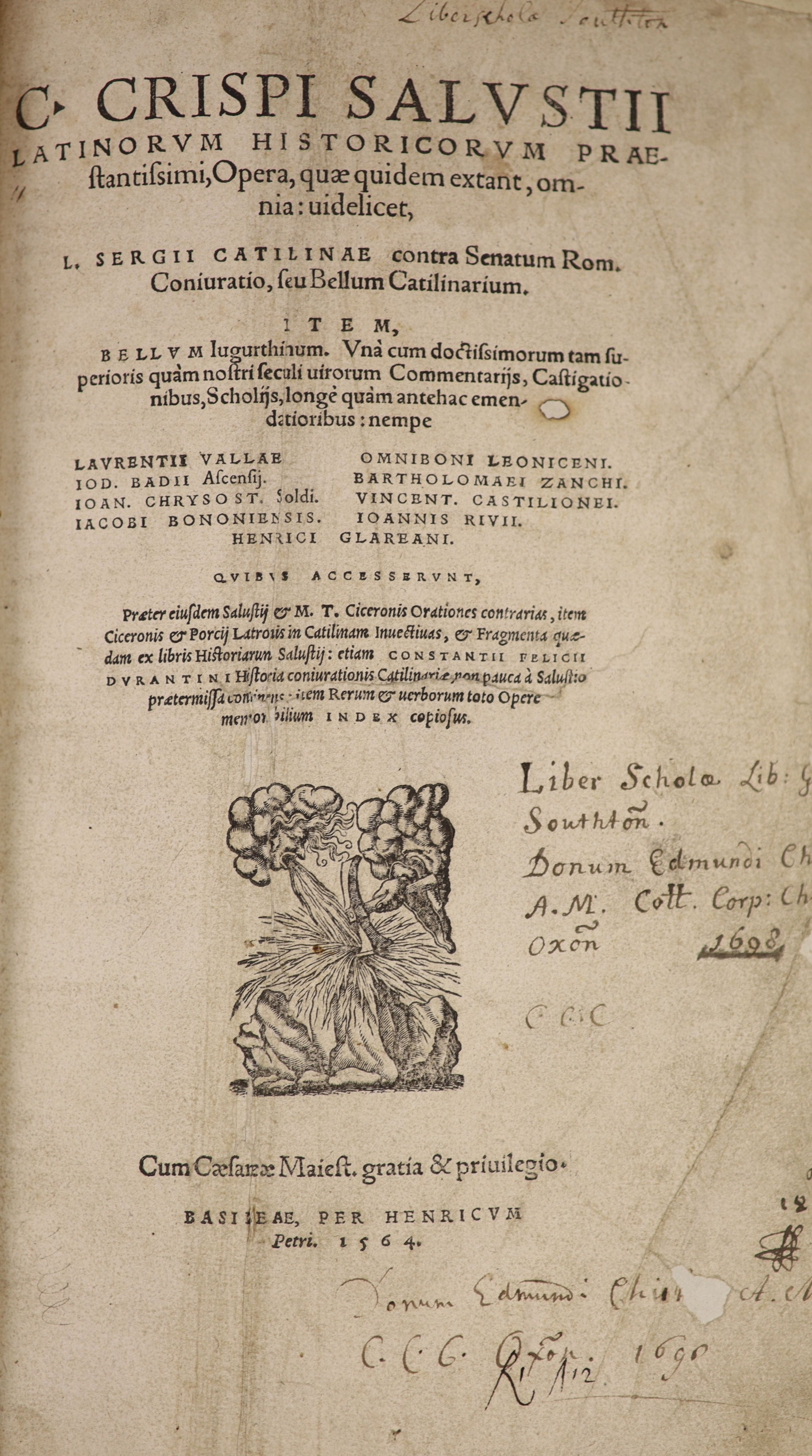 Sallust - Latinorum Historicorum Praestantisimi, Opera, quae quidem extant.....engraved title device; (7, 591,15) pp. old half calf and marbled boards, sometime rebacked gilt lettered panelled spine, folio. Basle: per He